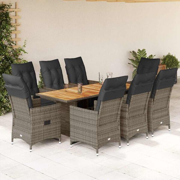 vidaXL 9 Piece Garden Bistro Set with Cushions Grey Poly Rattan
