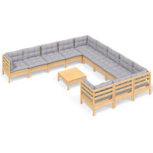 vidaXL 12 Piece Garden Lounge Set with Grey Cushions Pinewood