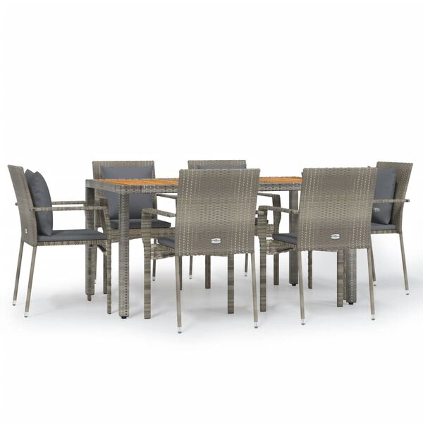vidaXL 7 Piece Garden Dining Set with Cushions Grey Poly Rattan
