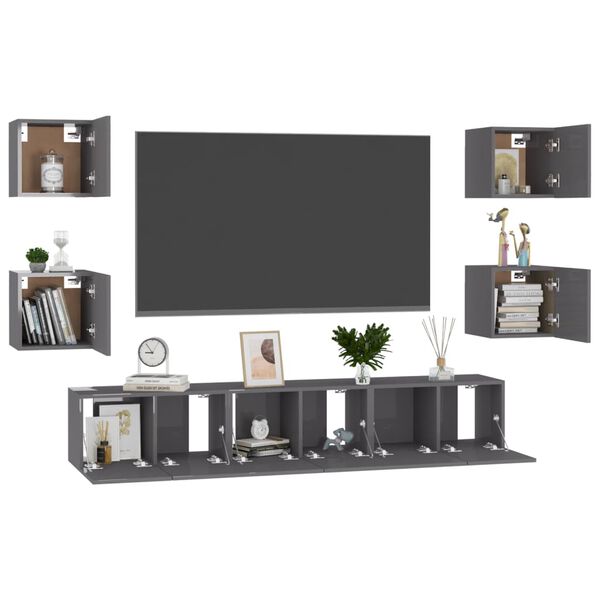 vidaXL 7 Piece TV Cabinet Set High Gloss Grey Engineered Wood