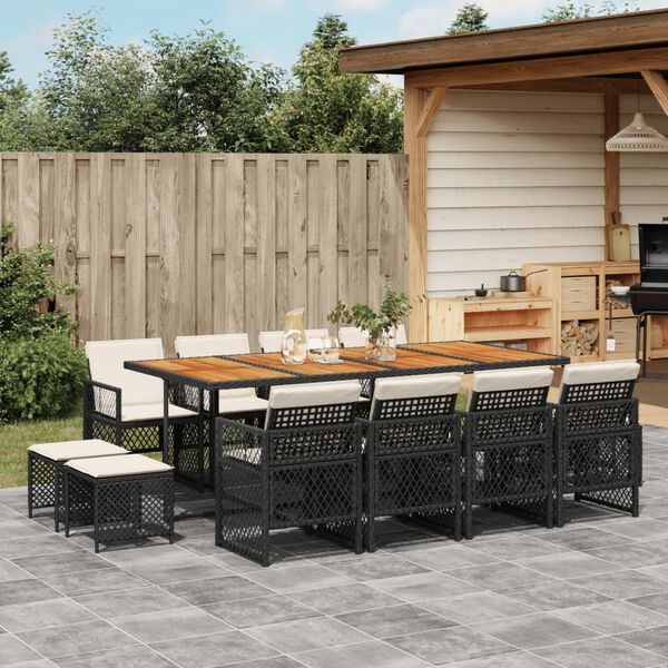 vidaXL 13 Piece Garden Dining Set with Cushions Black Poly Rattan