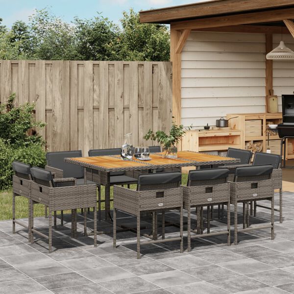 vidaXL 11 Piece Garden Dining Set with Cushions Grey Poly Rattan