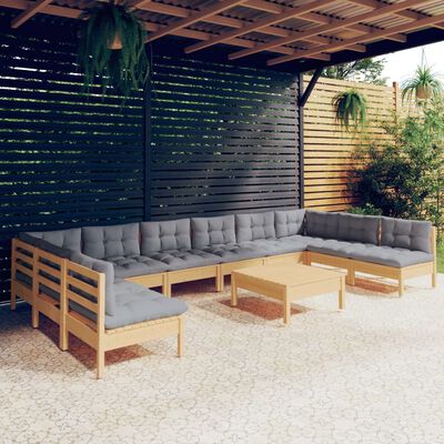 vidaXL 11 Piece Garden Lounge Set with Grey Cushions Solid Pinewood