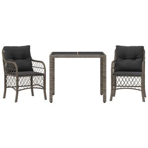 vidaXL 3 Piece Bistro Set with Cushions Grey Poly Rattan
