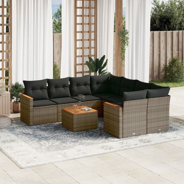 vidaXL 9 Piece Garden Sofa Set with Cushions Grey Poly Rattan