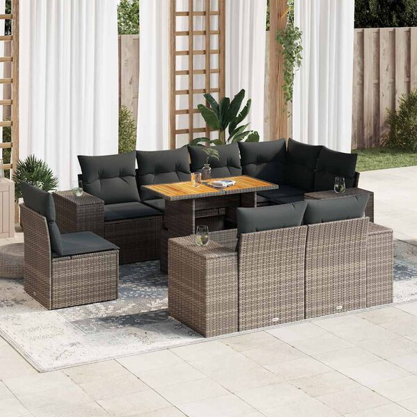 vidaXL 9 Piece Garden Sofa Set with Cushions Grey Poly Rattan
