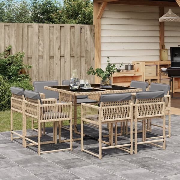 vidaXL 9 Piece Garden Dining Set with Cushions Mix Beige Poly Rattan