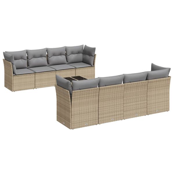 vidaXL 9 Piece Garden Sofa Set with Cushions Beige Poly Rattan