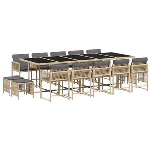 vidaXL 15 Piece Garden Dining Set with Cushions Mix Beige Poly Rattan