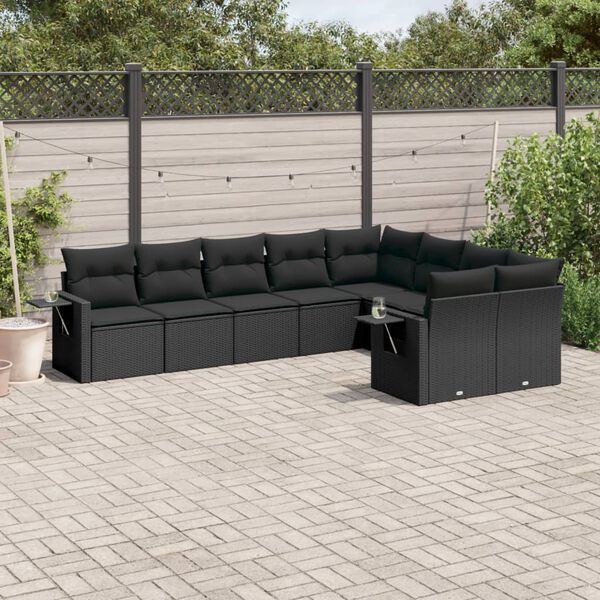 vidaXL 9 Piece Garden Sofa Set with Cushions Black Poly Rattan