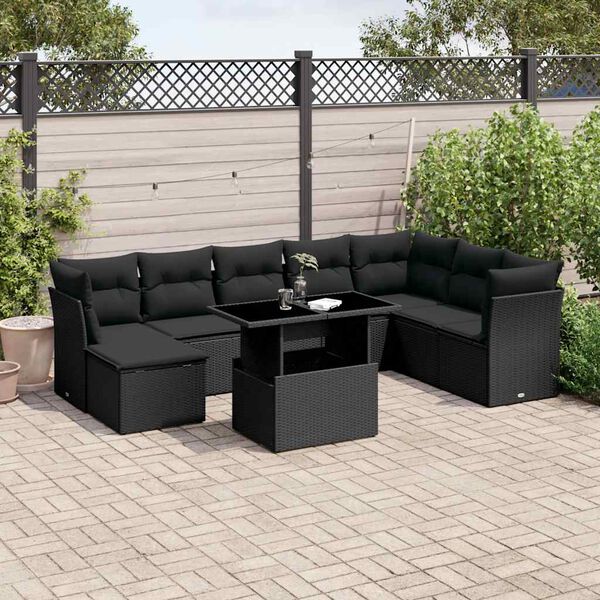 vidaXL 9 Piece Garden Sofa Set with Cushions Black Poly Rattan