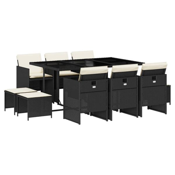 vidaXL 11 Piece Garden Dining Set with Cushions Black Poly Rattan
