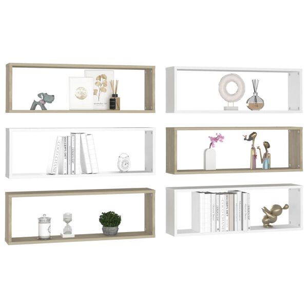 vidaXL Wall Cube Shelf 6 pcs White&Sonoma Oak 80x15x26.5cm Engineered Wood