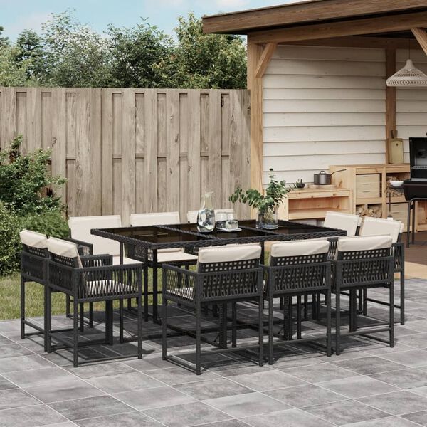 vidaXL 11 Piece Garden Dining Set with Cushions Black Poly Rattan