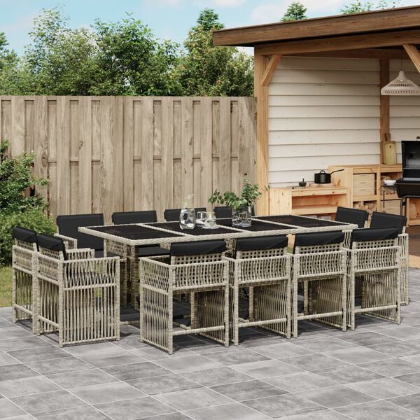 vidaXL 13 Piece Garden Dining Set with Cushions Light Grey Poly Rattan