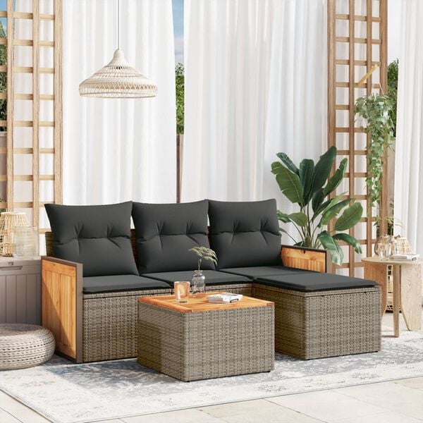 vidaXL 5 Piece Garden Sofa Set with Cushions Grey Poly Rattan