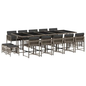 vidaXL 15 Piece Garden Dining Set with Cushions Grey Poly Rattan