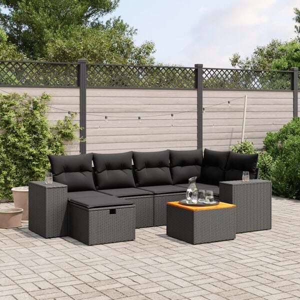 vidaXL 7 Piece Garden Sofa Set with Cushions Black Poly Rattan