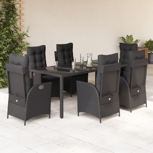 vidaXL 7 Piece Garden Dining Set with Cushions Black Poly Rattan