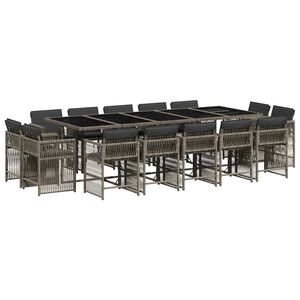 vidaXL 15 Piece Garden Dining Set with Cushions Grey Poly Rattan