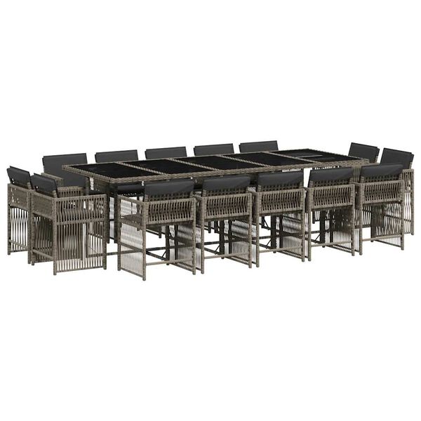 vidaXL 15 Piece Garden Dining Set with Cushions Grey Poly Rattan