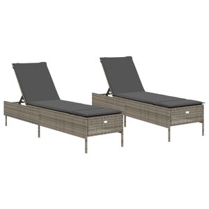vidaXL Sun Loungers with Cushions 2 pcs Grey Poly Rattan