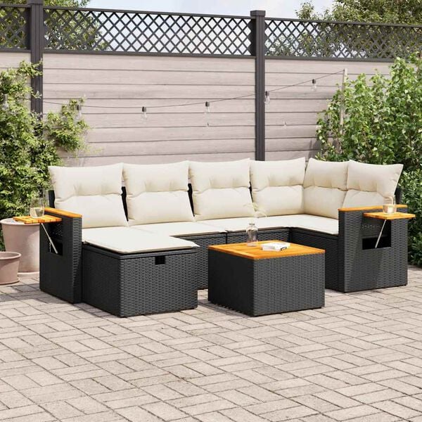 vidaXL 7 Piece Garden Sofa Set with Cushions Black Poly Rattan