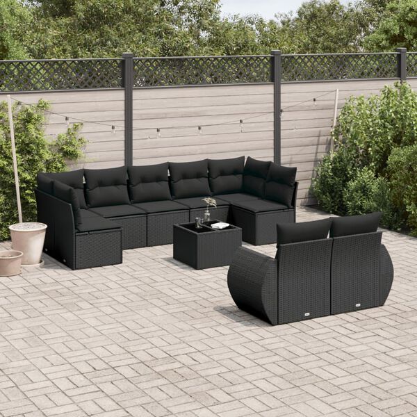 vidaXL 10 Piece Garden Sofa Set with Cushions Black Poly Rattan