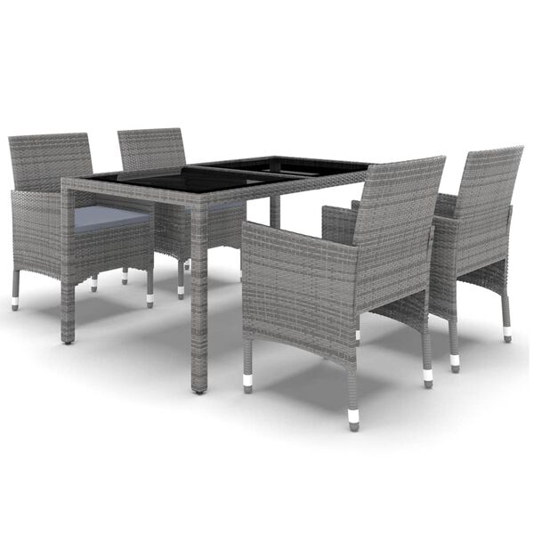 vidaXL 5 Piece Garden Dining Set Poly Rattan and Tempered Glass Grey