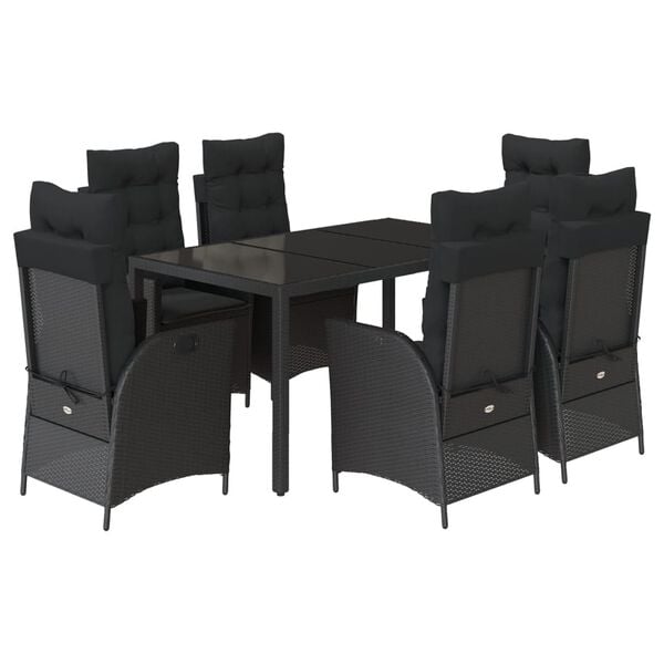 vidaXL 7 Piece Garden Dining Set with Cushions Black Poly Rattan