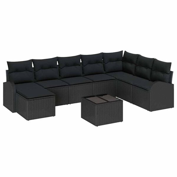 vidaXL Garden Sofa Set with Cushion 9 pcs Black Poly rattan