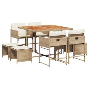 vidaXL 9 Piece Garden Dining Set with Cushions Beige Poly Rattan