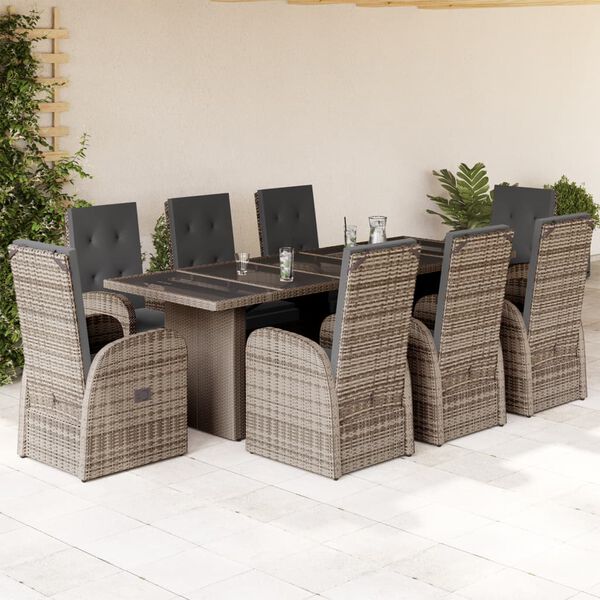 vidaXL 9 Piece Garden Dining Set with Cushions Grey Poly Rattan