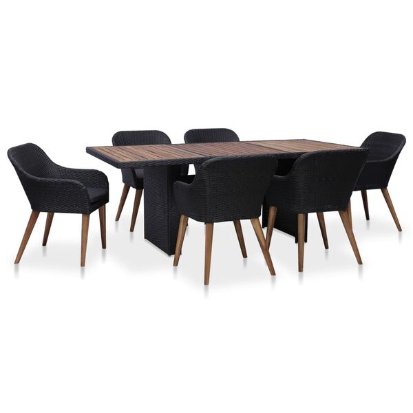 vidaXL 7 Piece Outdoor Dining Set with Cushions Poly Rattan Black