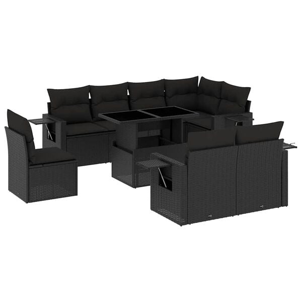 vidaXL 9 Piece Garden Sofa Set with Cushions Black Poly Rattan