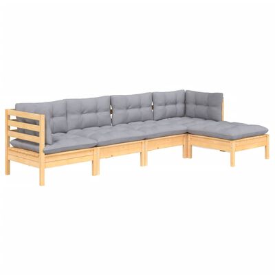 vidaXL 5 Piece Garden Lounge Set with Grey Cushions Pinewood