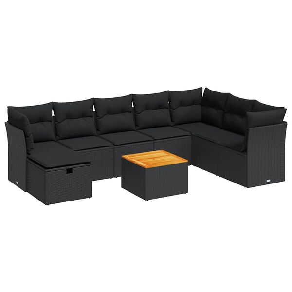 vidaXL 9 Piece Garden Sofa Set with Cushions Black Poly Rattan