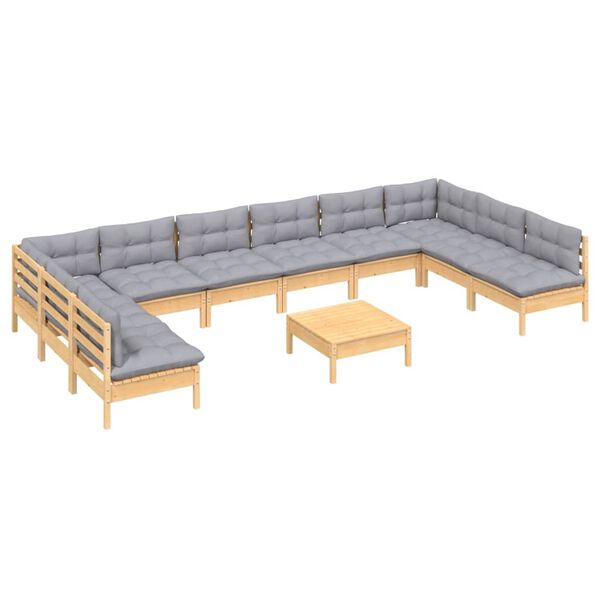 vidaXL 11 Piece Garden Lounge Set with Grey Cushions Solid Pinewood