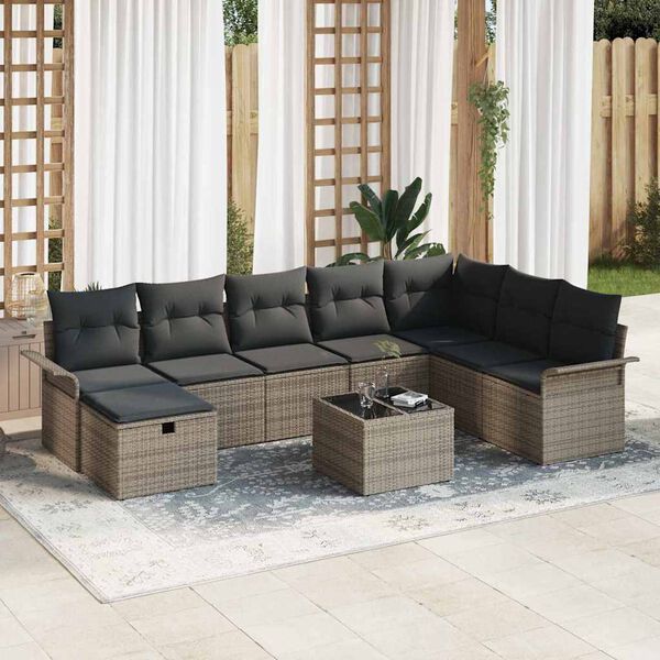 vidaXL Garden Sofa Set with Cushion 9 pcs Grey Poly rattan