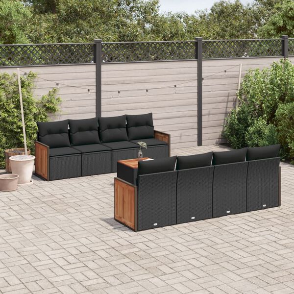 vidaXL 9 Piece Garden Sofa Set with Cushions Black Poly Rattan