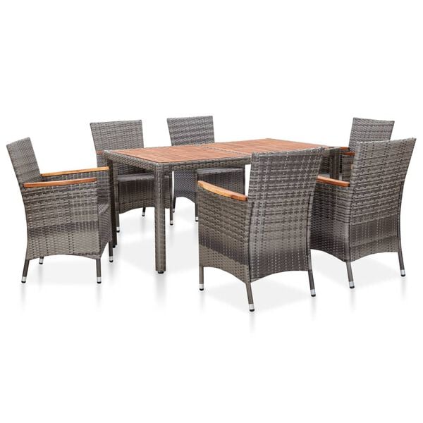 vidaXL 7 Piece Garden Dining Set with Cushions Poly Rattan Grey