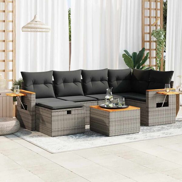 vidaXL 7 Piece Garden Sofa Set with Cushions Grey Poly Rattan