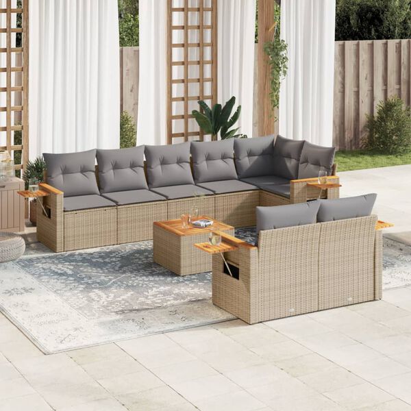 vidaXL 9 Piece Garden Sofa Set with Cushions Beige Poly Rattan