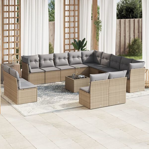 vidaXL 14 Piece Garden Sofa Set with Cushions Beige Poly Rattan