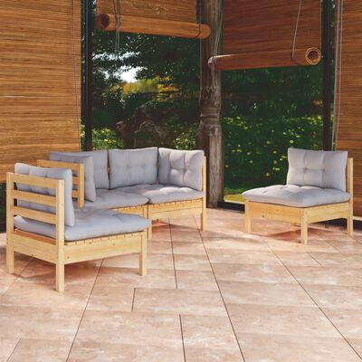 vidaXL 4 Piece Garden Lounge Set with Grey Cushions Solid Pinewood