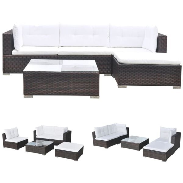 vidaXL 5 Piece Garden Lounge Set with Cushions Poly Rattan Brown