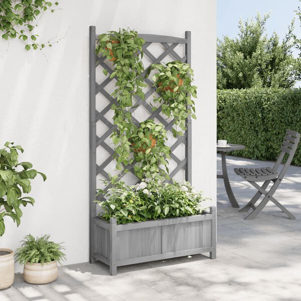 vidaXL Planter with Trellis Grey Solid Wood Fir