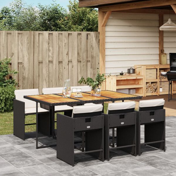vidaXL 7 Piece Garden Dining Set with Cushions Black Poly Rattan
