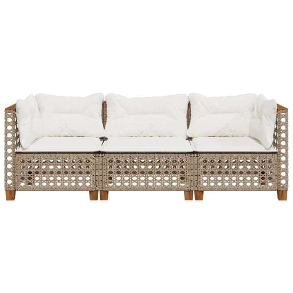 vidaXL Garden Sofa with Cushions 3-Seater Beige Poly Rattan