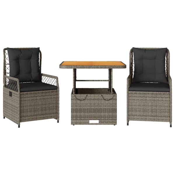 vidaXL 3 Piece Garden Dining Set with Cushions Grey Poly Rattan